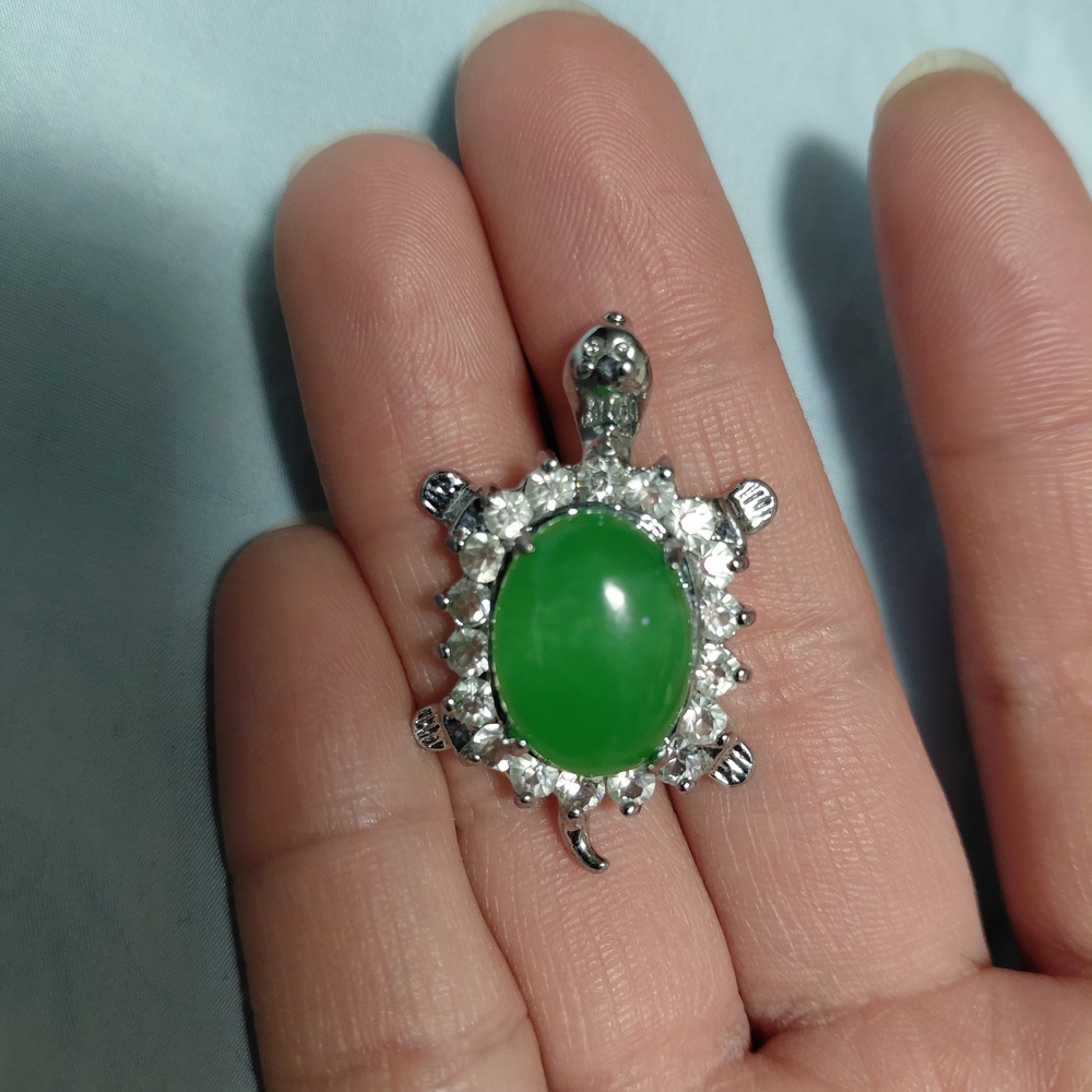 Green Turtle Pendant with Rhinstone Accents